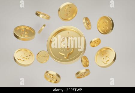 Esplosione di monete d'oro con il simbolo del dollaro. Concetto di jackpot o poke del casinò. rendering 3d. Foto Stock