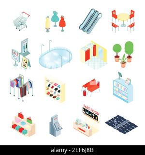 Elementi del centro commerciale icone isometriche insieme con reparto abbigliamento calzature illustrazione vettoriale isolata di fastfood e scala mobile Illustrazione Vettoriale
