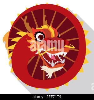 Bottone rotondo con costume di drago cinese e bastoni per eseguire la danza drago, in stile piatto e lunga ombra. Illustrazione Vettoriale