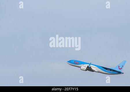 L'immagine mostra il primo volo che trasporta passeggeri di un aereo Boeing 737 MAX di TUI Fly Belgium, all'aeroporto di Bruxelles a Zaventem, Wedn Foto Stock