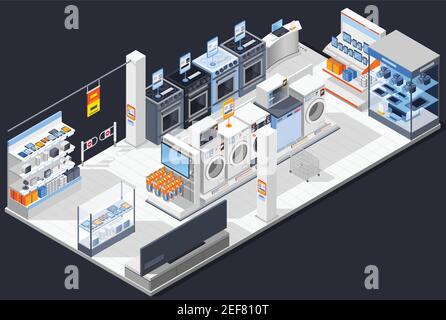 Composizione isometrica del supermarket elettronico con negozio di elettrodomestici espositori per interni con articoli in vendita vettore illustratore Illustrazione Vettoriale