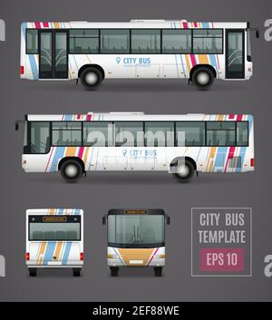 Modello grigio City bus in stile realistico con immagini colorate illustrazione vettoriale isolata da tutti i lati Illustrazione Vettoriale