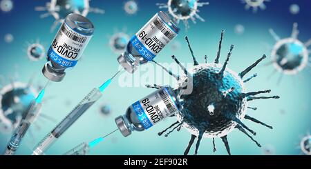 Covid-19 / SARS-COV-2 / fiale e siringhe per vaccino del coronavirus, cellule virali sullo sfondo - illustrazione 3D Foto Stock