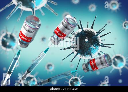 Covid-19 / SARS-COV-2 / fiale e siringhe per vaccino del coronavirus, cellule virali sullo sfondo - illustrazione 3D Foto Stock