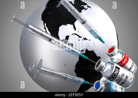 Covid-19 / SARS-COV-2 / fiale e siringhe per vaccino del coronavirus, mappa del mondo sullo sfondo - illustrazione 3D Foto Stock