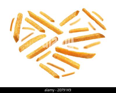 Patatine fritte a forma di cuore su un sfondo bianco Foto Stock