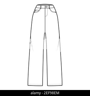 Pantaloni jeans jeans jeans jeans illustrazione tecnica di moda con lunghezza intera, vita normale, altezza elevata, 5 tasche, anelli per cintura. Lato anteriore del modello a fondo piatto, colore bianco. Donne, uomini, unisex CAD mockup Illustrazione Vettoriale