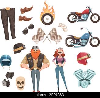 Retro cartoon rider set di motociclisti indossare accessori motocicli da strada e due doodle piatto caratteri umani illustrazione vettoriale Illustrazione Vettoriale