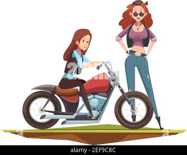 Retro cartoon rider composizione di due doodle stile bella femmina personaggi e moto roadster immagine vettoriale piatta Illustrazione Vettoriale