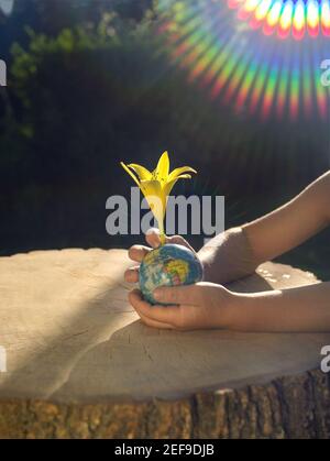 le mani dei bambini tengono una sfera che assomiglia ad un globo, da cui un grande fiore giallo del giglio cresce. Concetto ecologico, educazione ambientale. Madre Terra Foto Stock