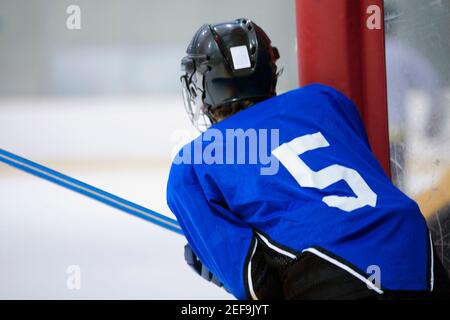 Vista posteriore di un giocatore di hockey su ghiaccio che gioca a hockey su ghiaccio Foto Stock