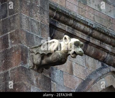 Sculture in pietra sulla facciata di Eglise Saint-Leonard, Fougeres, Bretagna Foto Stock