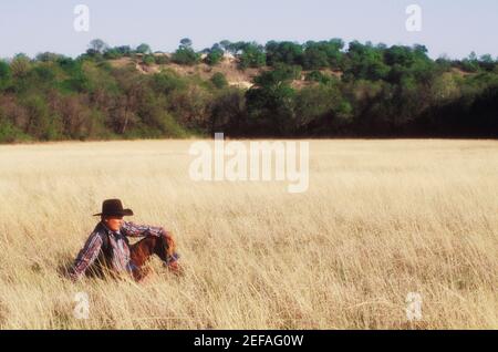 Cowboy seduto su un campo, Texas, Stati Uniti Foto Stock