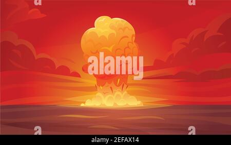 Composizione di esplosione nucleare rossa colorata o poster con colonna di fumo che sale verticalmente nell'illustrazione del vettore del cielo Illustrazione Vettoriale