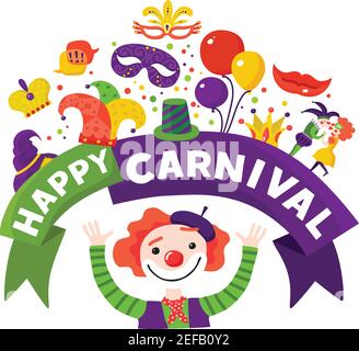 Mardi gras tradizionale carnevale celebrazione invito design con felice harlequin e accessori natalizi icone composizione vettoriale illustrazione Illustrazione Vettoriale