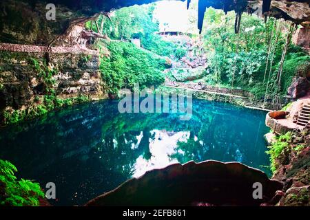 Vista ad alto angolo di un lago, Cenote Zaci, Valladolid, Yucatan, Messico Foto Stock