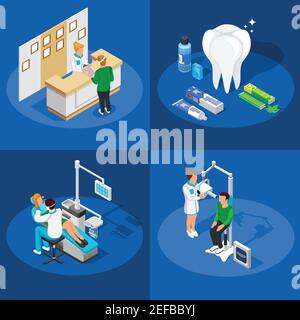 Concetto di disegno odontoiatrico isometrico con composizioni di procedure odontoiatriche e le immagini dell'apparecchiatura con illustrazione vettoriale dei caratteri umani Illustrazione Vettoriale