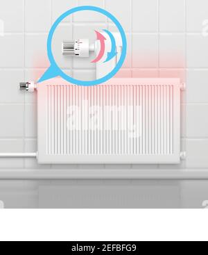 Composizione concettuale del radiatore con immagine piatta della batteria del riscaldatore e. immagine ingrandita del vettore del regolatore di temperatura dell'acqua rotazionale Illustrazione Vettoriale