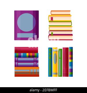 Icone di letteratura con libri. Pile di libri con opzioni di vista frontale e laterale in stile cartoon. Illustrazione vettoriale isolata su sfondo bianco Illustrazione Vettoriale