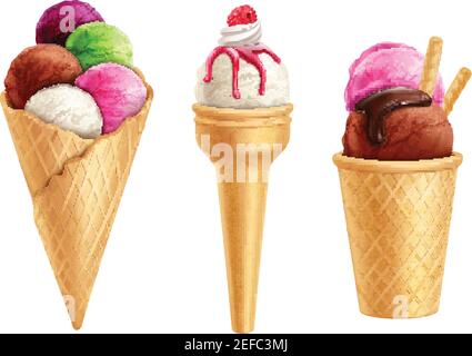 Set di gelato colorato realistico in coni di cialda con illustrazione vettoriale isolata di berry e sciroppo di cioccolato Illustrazione Vettoriale