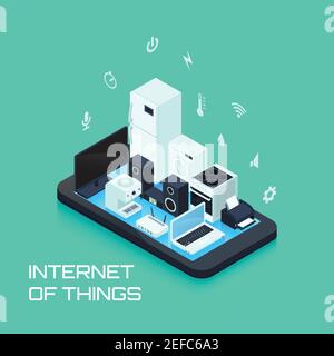 Composizione del design urbano dell'Internet of Things con controllo degli elettrodomestici mediante l'applicazione per smartphone, illustrazione vettoriale isometrica Illustrazione Vettoriale