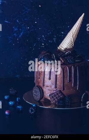 Una gustosa torta al cioccolato con mirtilli, more, biscotti e un cono di waffle Foto Stock