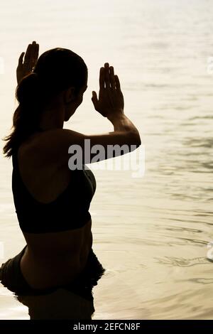 Profilo laterale di una giovane donna a praticare arti marziali Foto Stock