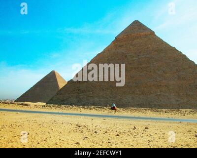 Un uomo su un cammello di fronte le piramidi di Giza, le Piramidi di Giza, il Cairo, Egitto Foto Stock
