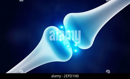 Synapse isolato su sfondo scuro. Sistema nervoso. Trasmissione di impulsi nervosi. illustrazione 3d. Foto Stock