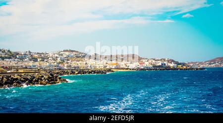 Splendida vista sul lungomare di Mykonos Foto Stock