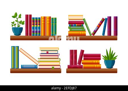 Scaffale con pile di libri e piante. Collezione di libri in aula e di piante in vaso in stile cartoon. Illustrazione vettoriale isolata su sfondo bianco Illustrazione Vettoriale