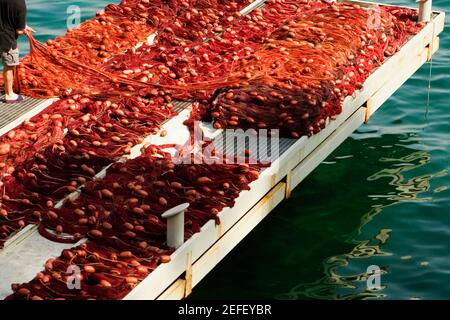 Rete di pesca su un molo, Marina Grande, Capri, Sorrento, Penisola Sorrentina, Provincia di Napoli, Campania, Italia Foto Stock