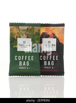 Taylors Coffee bag direct mail campagna gratis campioni di marketing promozione girato su sfondo bianco con riflessione. Foto Stock