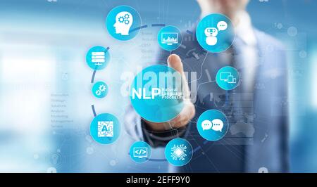 NLP Natural Language Processing elaborazione cognitiva concetto tecnologico sulla schermata virtuale Foto Stock