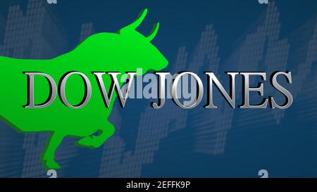 L'indice del mercato azionario americano Dow Jones è rialzista. Il toro verde e una carta ascendente con uno sfondo blu dietro il titolo argento... Foto Stock