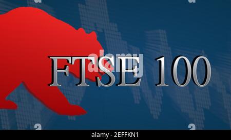 L'indice azionario britannico FTSE 100 è ribassista. L'orso rosso e un grafico discendente con uno sfondo blu dietro il titolo d'argento simbolizza... Foto Stock