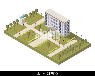 Composizione isometrica dell'università e del campus con edificio universitario e giardino illustrazione vettoriale Illustrazione Vettoriale