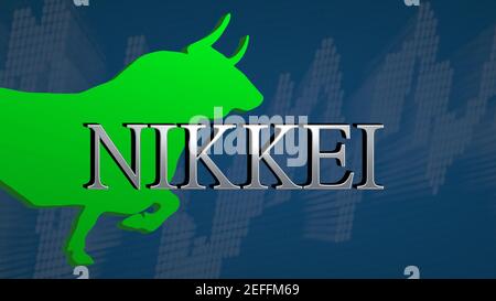 L'indice del mercato azionario giapponese Nikkei è rialzista. Il toro verde e un grafico ascendente con uno sfondo blu dietro il titolo argento simbolizza... Foto Stock