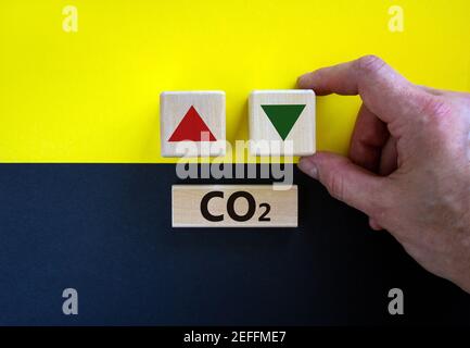 Simbolo modifiche CO2. Parole concettuali 'CO2' su un blocco di legno su uno splendido sfondo giallo e nero. Mano uomo d'affari. Cambiamenti aziendali e CO2 conce Foto Stock