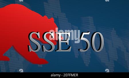 L'indice del mercato azionario cinese SSE 50 della Borsa di Shanghai è ribassista. L'orso rosso e un grafico discendente con uno sfondo blu dietro... Foto Stock