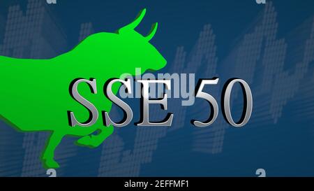 L'indice del mercato azionario cinese SSE 50 della Borsa di Shanghai è rialzista. Il toro verde e una carta ascendente con uno sfondo blu dietro... Foto Stock