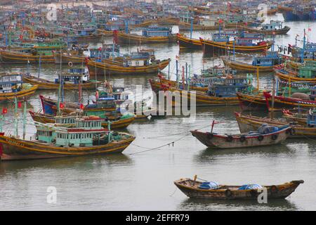 Vista ad alto angolo delle barche ormeggiate in un porto, Hoi An, Vietnam Foto Stock