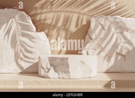 Scena minima di podio in pietra con spazio copia per il posizionamento di prodotti cosmetici moda. Ombrellone con palma naturale sulla parete. Illustrazione del rendering 3D. Foto Stock