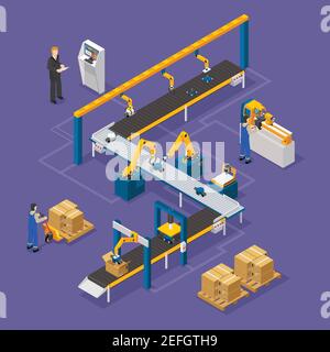 Composizione in fabbrica con linea di trasporto su vettore isometrico a sfondo verde illustrazione Illustrazione Vettoriale