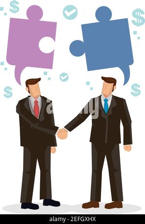 Gli uomini d'affari scuotono le mani, collegando puzzle nella loro mente. Concetto di business, lavoro di squadra, cooperazione, partnership. Carattere cartoon piatto Illustrazione Vettoriale