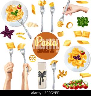 Diversi tipi di pasta e piatti del ristorante ambientati in modo realistico e isolato immagine vettoriale su sfondo bianco Illustrazione Vettoriale