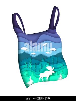 Natura concetto di inquinamento plastico. Illustrazione vettoriale in stile arte della carta. Problemi ambientali ed ecologici. Illustrazione Vettoriale