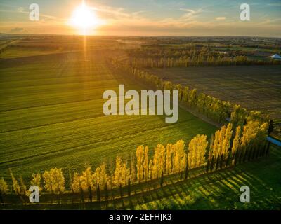 Tramonto sulla Valdera in Toscana, tra Pisa e Pontedera, che comprende i comuni di Lajatico, Palaia e Peccioli. Foto Stock