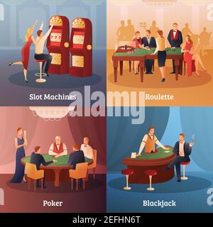 Le icone di concetto del casino e del gioco d'azzardo insieme con i simboli della roulette piatti illustrazione vettoriale isolata Illustrazione Vettoriale