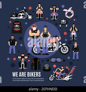 Icone bikers set con uomini donne e attrezzature vettore piano illustrazione Illustrazione Vettoriale